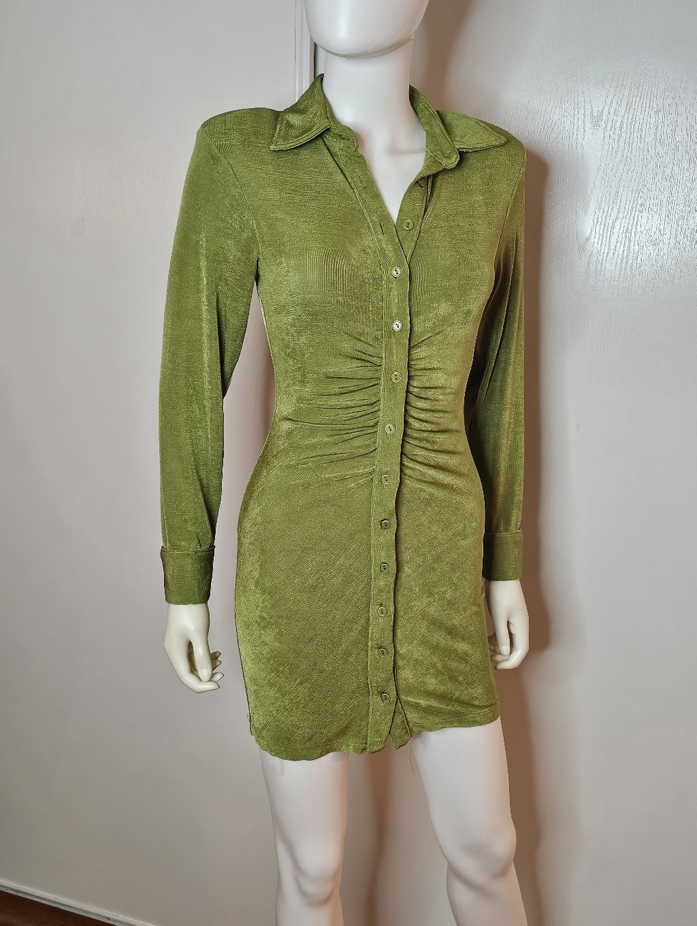 Fashion Nova Olive Green Button-Front Ruched Long Sleeve Shirt Dress Size XS - Picture 4 of 12